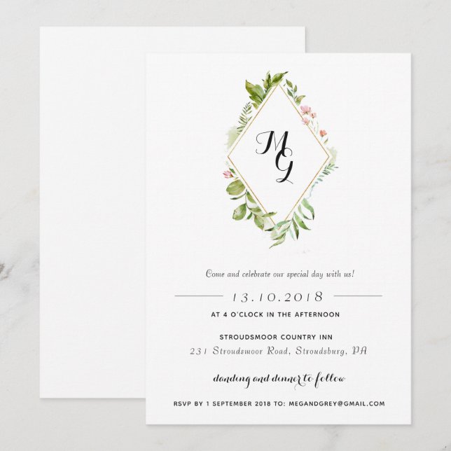 Diamond Shape Watercolor Crest Greenery Invitation (Front/Back)
