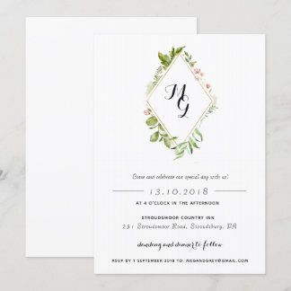 Diamond Shape Watercolor Crest Greenery Invitation