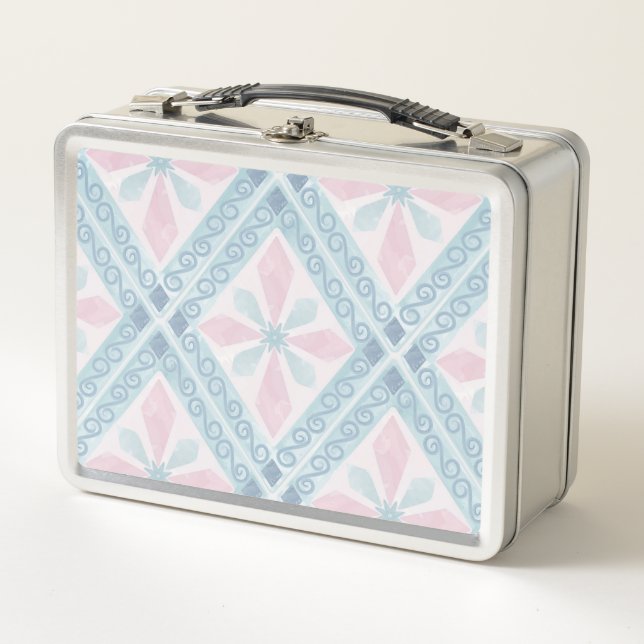 diamond shaped blue pattern metal lunch box (Front)
