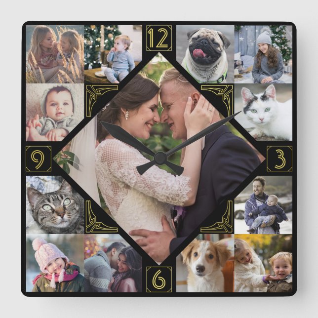 Diamond Shaped Family Photo Collage Mod Black Gold Square Wall Clock (Front)