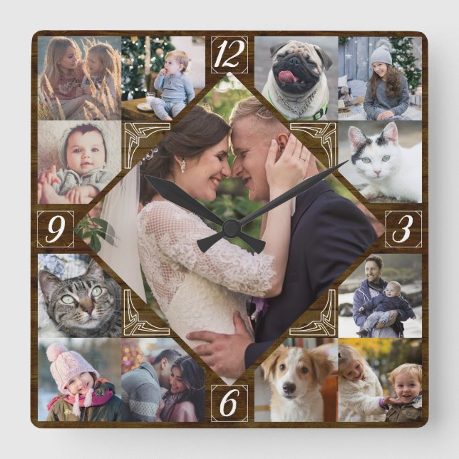 Diamond Shaped Family Photo Collage Rustic Dk Wood Square Wall Clock (Front)