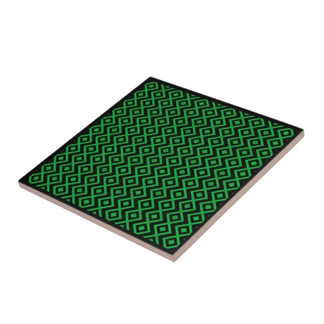 Diamond Shaped Harlequin Pattern Black And Green Tile (Side)