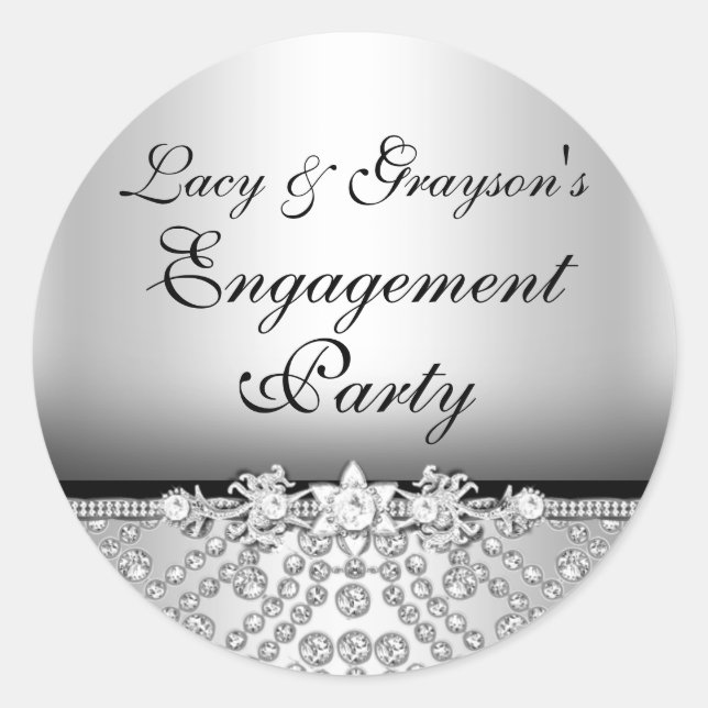 Diamond Silver & Black Engagement Party Sticker (Front)