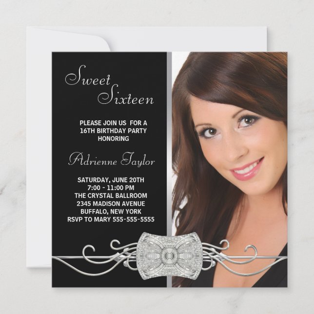 Diamond Silver Black Photo Sweet Sixteen Birthday Invitation (Front)