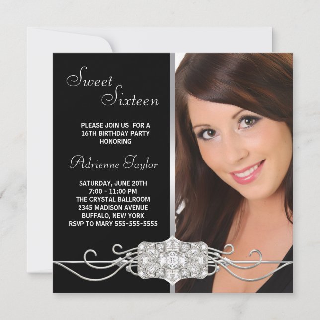 Diamond Silver Black Photo Sweet Sixteen Birthday Invitation (Front)