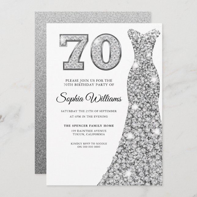 Diamond Silver Dress Womans 70th Birthday Party Invitation (Front/Back)