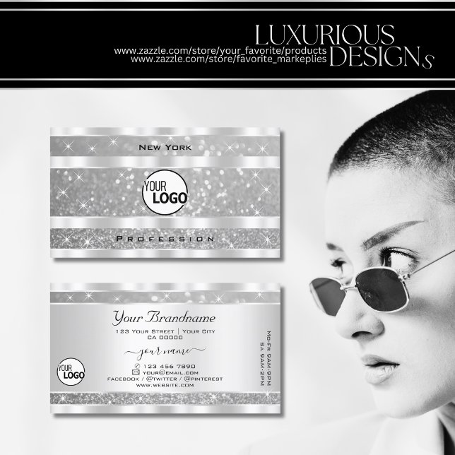 Diamond Silver Glitter Sparkle Stars Logo Elegant  Business Card (Creator Uploaded)