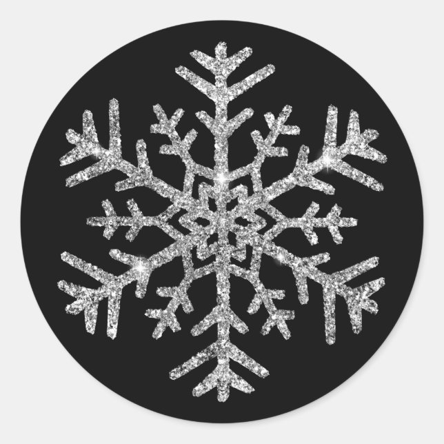 Diamond Snowflake on Black Winter Wedding Classic Round Sticker (Front)