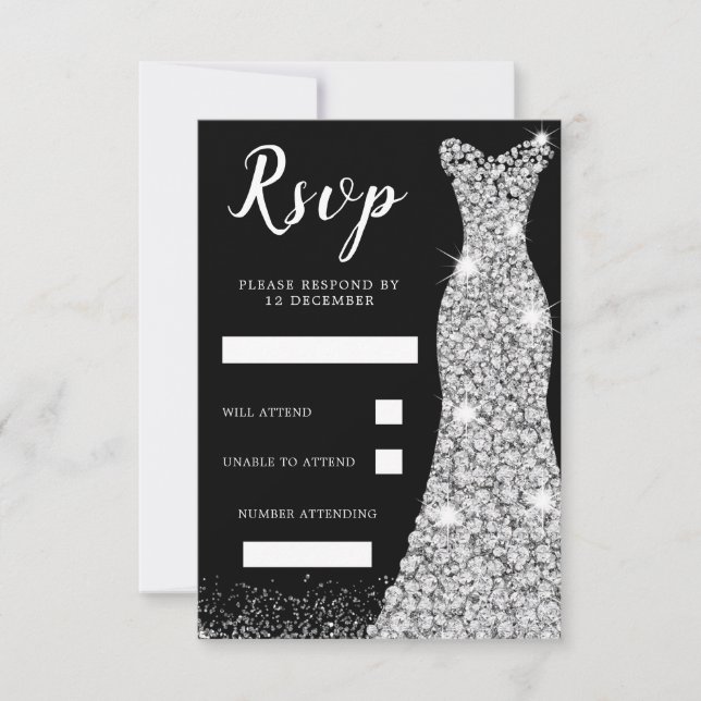 Diamond Sparkle Dress Birthday Party Bridal Black RSVP Card (Front)