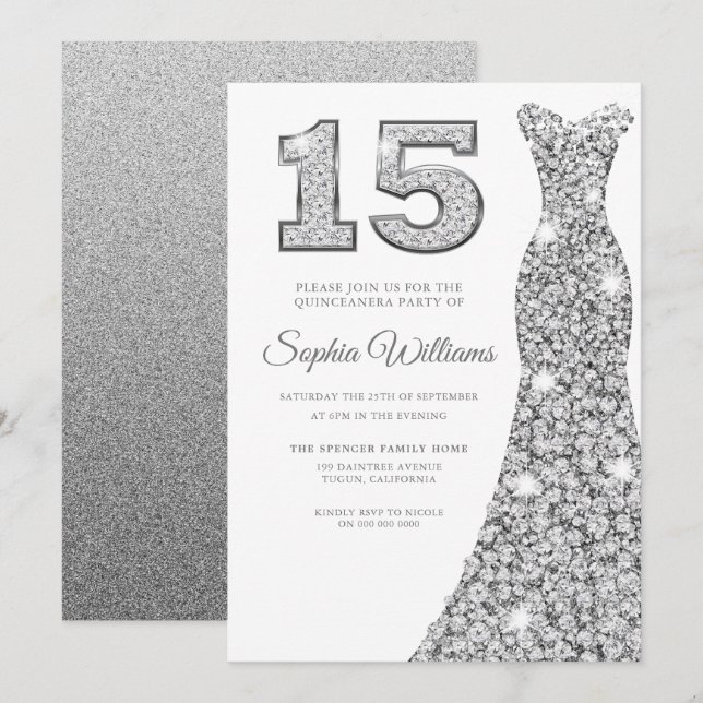 Diamond Sparkle Dress Quinceanera 15th Birthday Invitation (Front/Back)