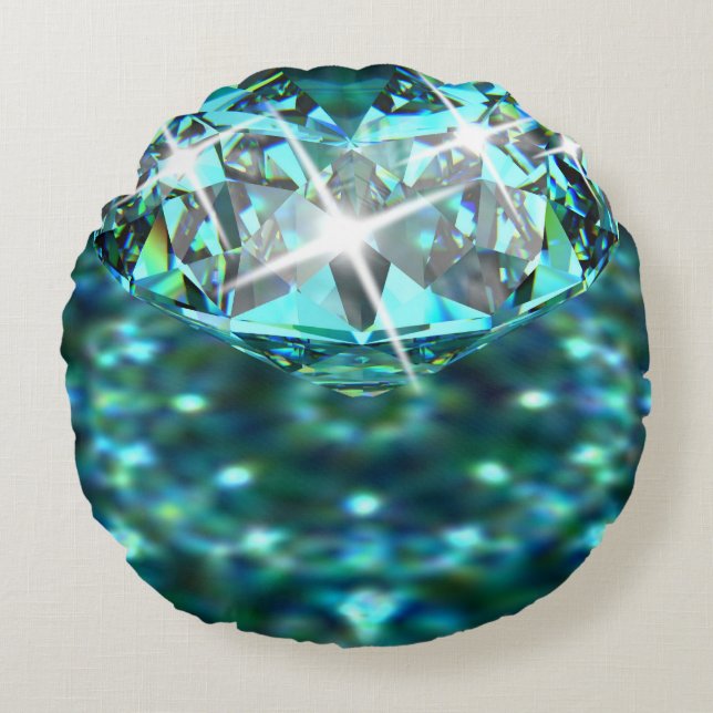 Diamond sparkle gemstone elegant teal black round cushion (Front)