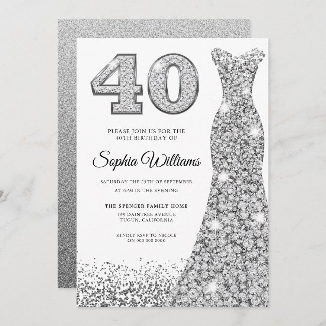 Diamond Sparkle Glitter Dress 40th Birthday Party Invitation (Front/Back)
