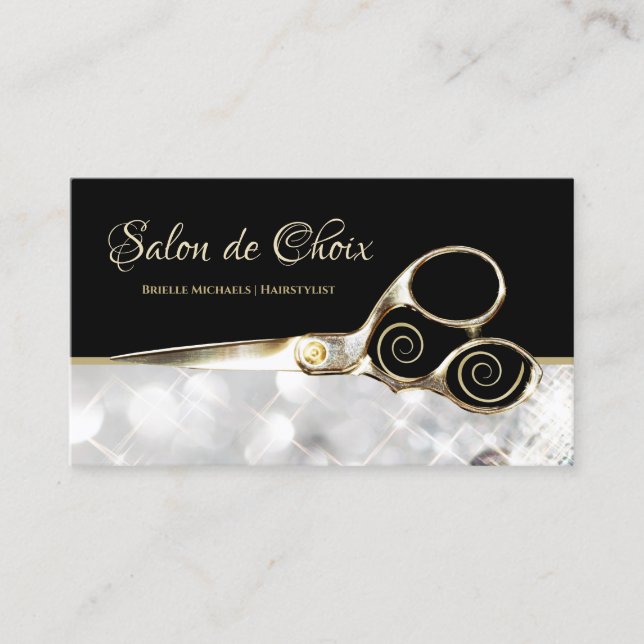 Diamond Sparkle Salon Gold Hairstylist Scissors Business Card (Front)