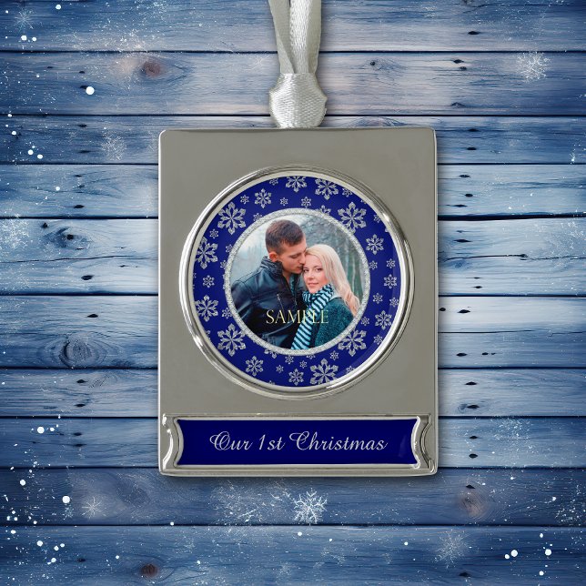 Diamond Sparkle Snowflake Blue First Christmas Silver Plated Banner Ornament (Creator Uploaded)