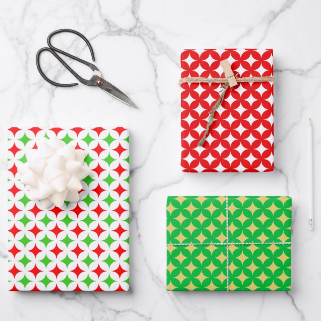Diamond Star on Green, Red & White Wrapping Paper Sheet (Front)