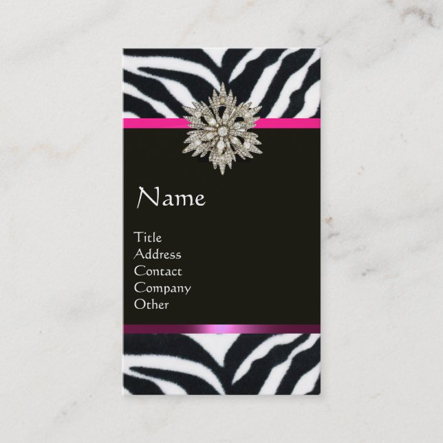 DIAMOND STAR PINK BLACK WHITE ZEBRA FUR MONOGRAM BUSINESS CARD (Front)