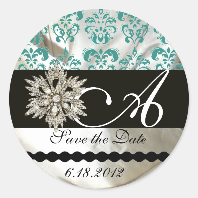 DIAMOND STAR WHITE BLUE SILK DAMASK MONOGRAM CLASSIC ROUND STICKER (Front)