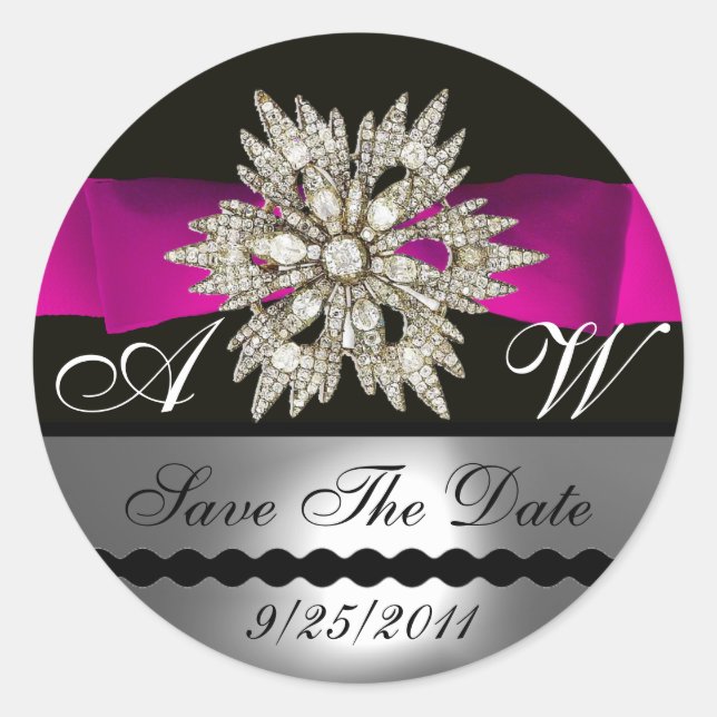 DIAMOND STARS BLACK WHITE PINK RIBBON MONOGRAM CLASSIC ROUND STICKER (Front)