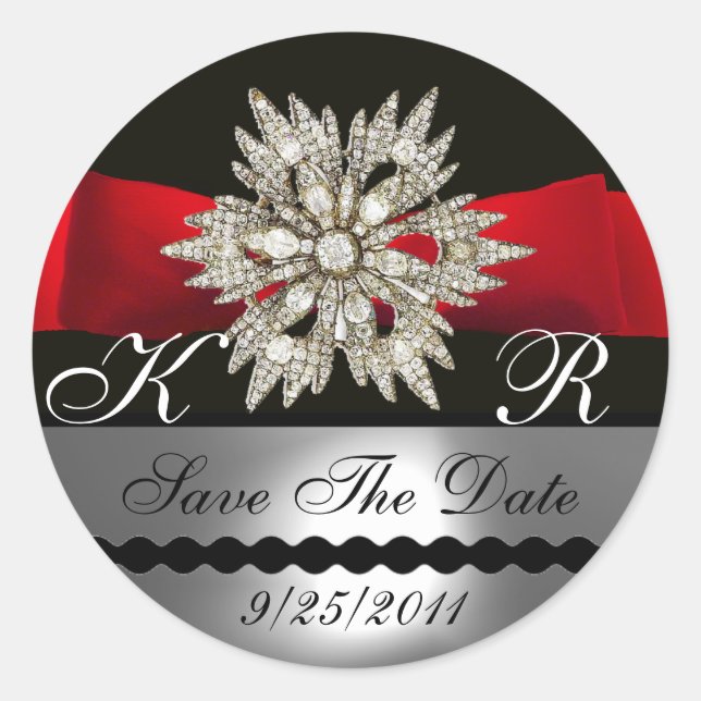 DIAMOND STARS BLACK WHITE RED RIBBON MONOGRAM CLASSIC ROUND STICKER (Front)