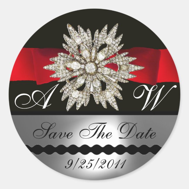 DIAMOND STARS BLACK WHITE RED RIBBON MONOGRAM CLASSIC ROUND STICKER (Front)