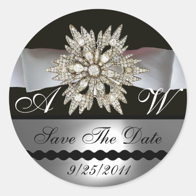 DIAMOND STARS BLACK WHITE RIBBON MONOGRAM CLASSIC ROUND STICKER (Front)