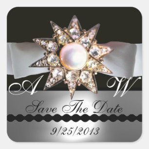 DIAMOND STARS BLACK WHITE RIBBON MONOGRAM SQUARE STICKER