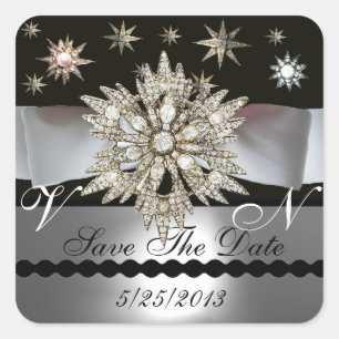 DIAMOND STARS BLACK WHITE RIBBON MONOGRAM SQUARE STICKER