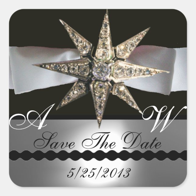 DIAMOND STARS BLACK WHITE RIBBON MONOGRAM SQUARE STICKER (Front)