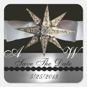 DIAMOND STARS BLACK WHITE RIBBON MONOGRAM SQUARE STICKER