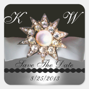 DIAMOND STARS BLACK WHITE RIBBON MONOGRAM SQUARE STICKER