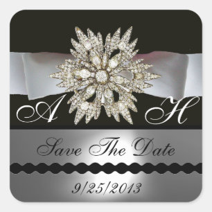 DIAMOND STARS BLACK WHITE RIBBON MONOGRAM SQUARE STICKER