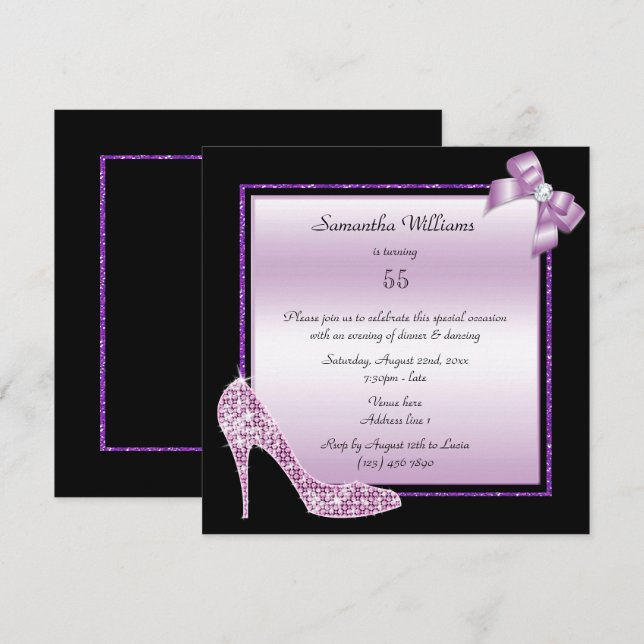 Diamond Stiletto & Romantic Bow Birthday Invitation (Front/Back)