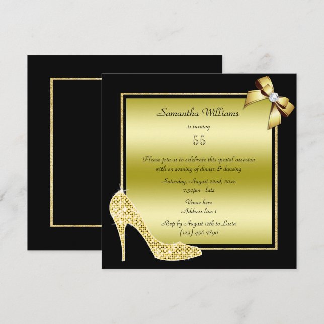 Diamond Stiletto & Romantic Gold Bow Birthday Invitation (Front/Back)
