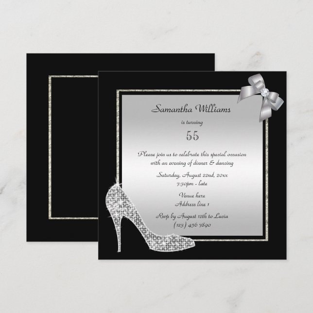 Diamond Stiletto & Romantic Silver Bow Birthday Invitation (Front/Back)