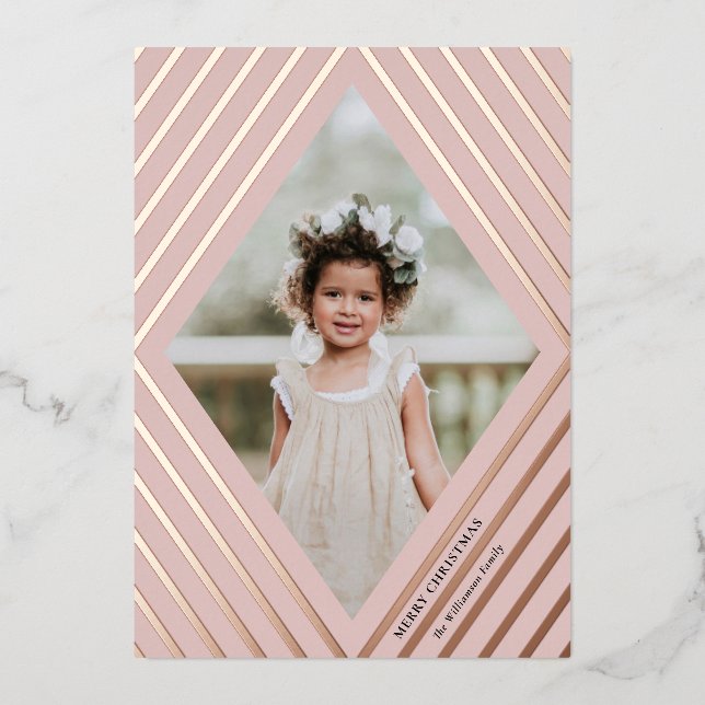 Diamond Stripes Frame Photo Christmas | Blush Foil Holiday Card (Front)
