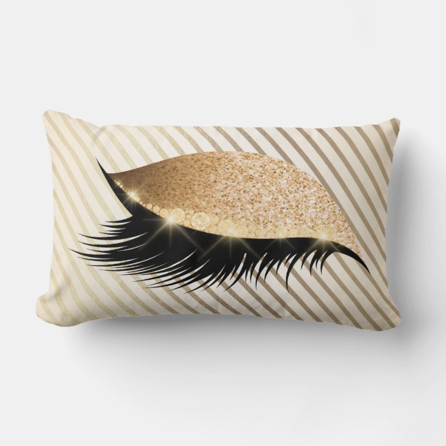 Diamond Stripes Lashes Gold Glitter Ivory Pearl Lumbar Cushion (Front)