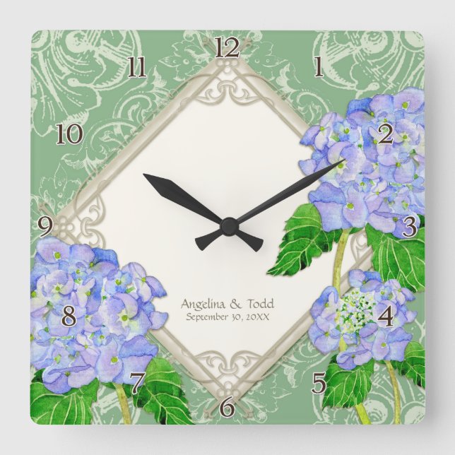 Diamond Swirl Blue Hydrangea Wedding Anniversary Square Wall Clock (Front)