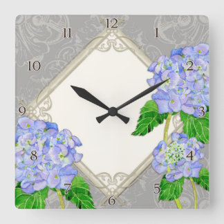 Diamond Swirl Etchings Blue Hydrangea Home Decor Square Wall Clock