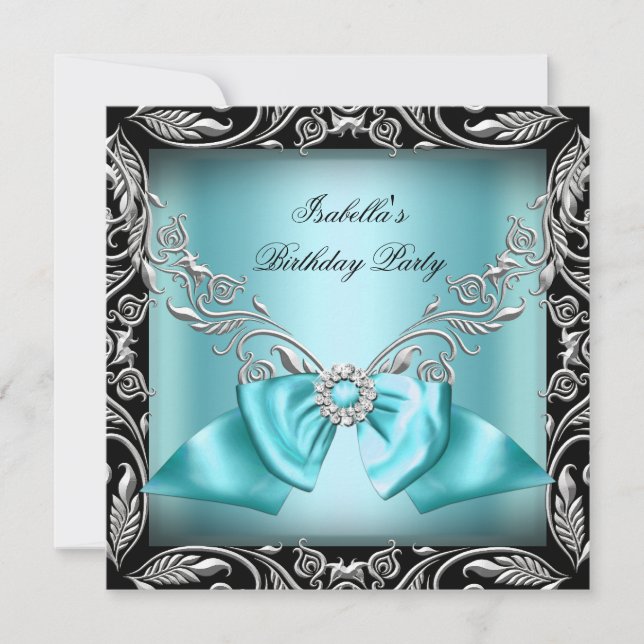 Diamond Teal Blue Bow Silver Black Birthday Party Invitation (Front)