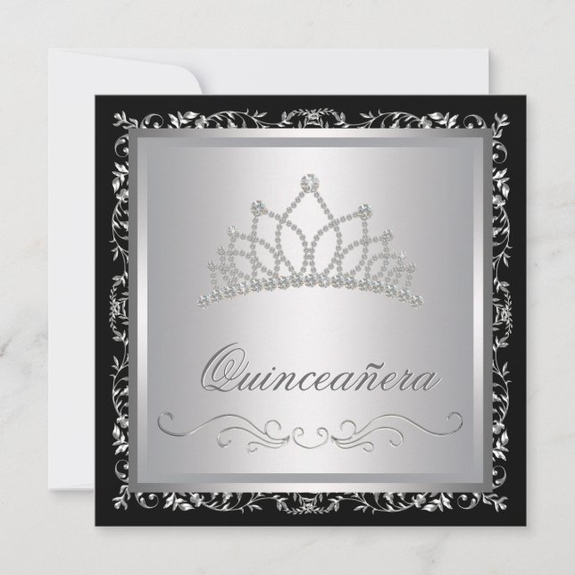 Diamond Tiara Black Damask Quinceanera Invitation (Front)