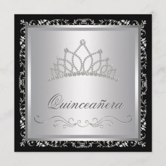 Diamond Tiara Black Damask Quinceanera Invitation