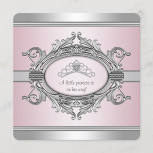 Diamond Tiara Grey Pink Princess Baby Girl Shower Invitation