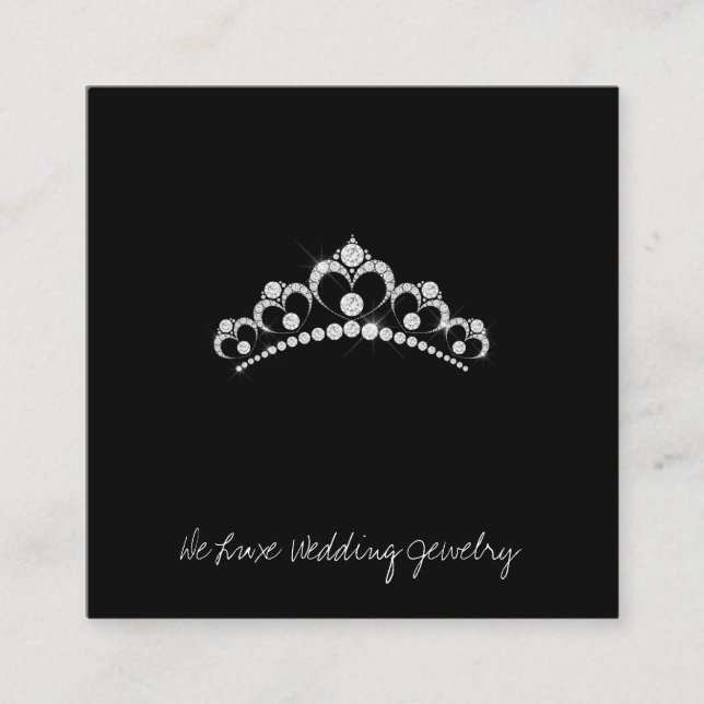 Diamond tiara on black wedding jeweller square business card (Front)