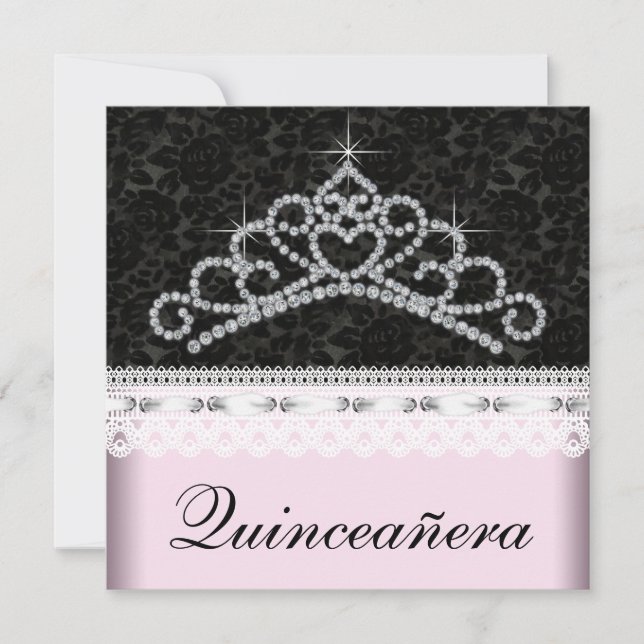 Diamond Tiara Pink Black Sweet 15 Quinceanera Invitation (Front)