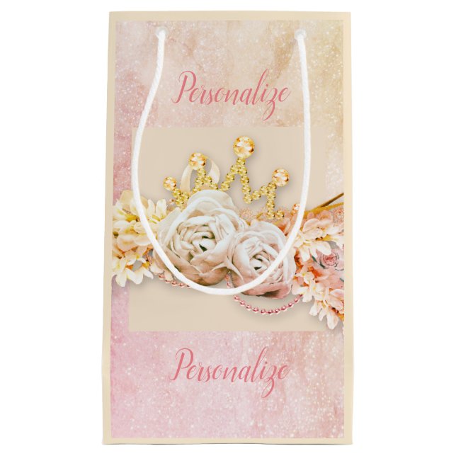 Diamond tiara pink rose girly  small gift bag (Front)