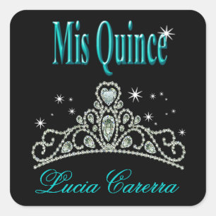Diamond Tiara Quinceañera (black/aqua) Party Square Sticker