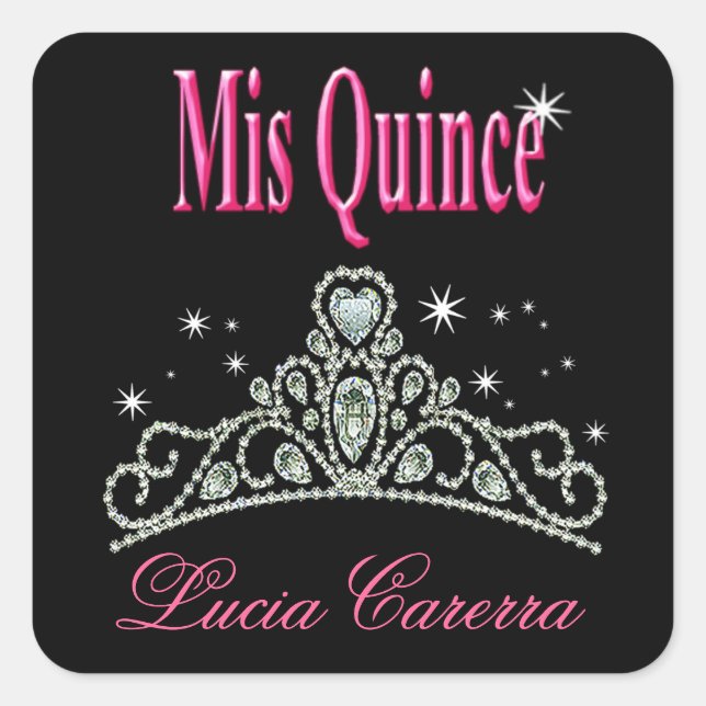 Diamond Tiara Quinceañera (black/pink) Party Square Sticker (Front)