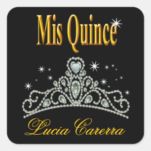 Diamond Tiara Quinceañera (black/yellow) Party Square Sticker