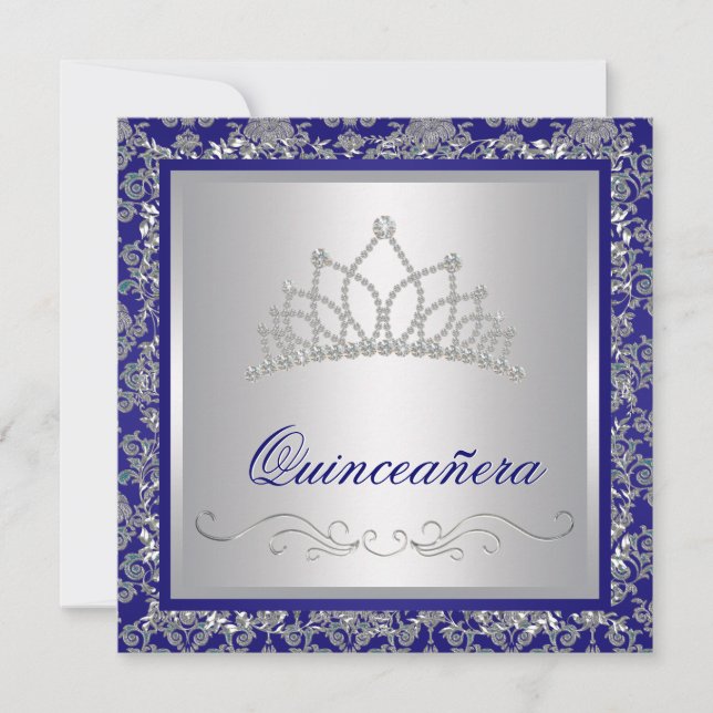 Diamond Tiara Royal Navy Blue Quinceanera Invitation (Front)