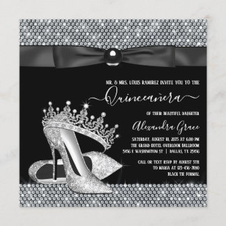 Diamond Tiara Shoe Glam Black Tie Quinceanera Invitation